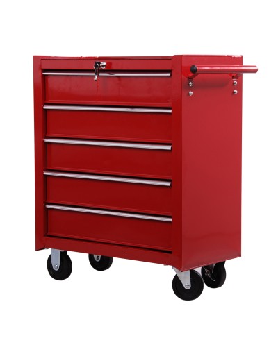  Carrello Porta Utensili con 5 Cassetti, Serratura, 2 Chiavi e Manubrio Parete Smontabile 2 Ruote con Freno in Lamiera d'Acciaio