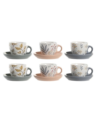 DKD Home Decor Cups and Plates in Porcelain (3 Units) | Light Blue Grey Multicolor | 90 ml | 11 x 11 x 2 cm
