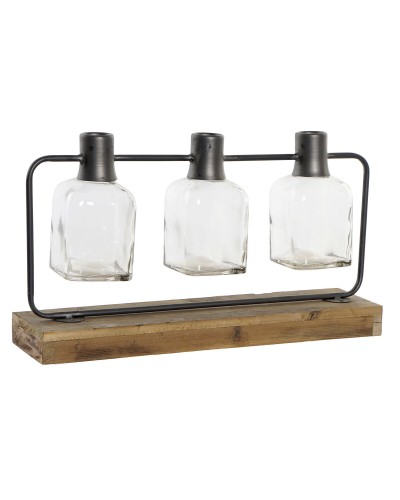 Vas DKD Home Decor Svart Naturell Metall Glas Paulowniaträ 49 x 11 x 27 cm (3 Delar)