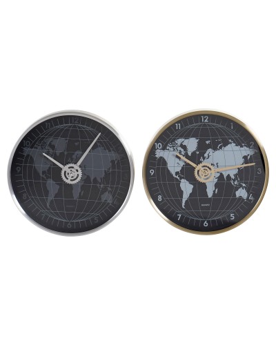 Reloj de Pared DKD Home Decor Negro Dorado Plateado Aluminio Cristal Mapamundi 30 x 4,3 x 30 cm (2 Unidades)