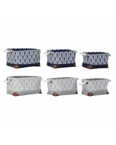 Cesta Multiusos DKD Home Decor Blanco Marrón Gris Azul marino Hoja de planta Boho 40 x 30 x 24 cm Plástico 3 Piezas (2 Unidad