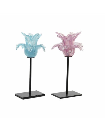 Portavelas DKD Home Decor Azul Rosa Metal Cristal 12 x 12 x 24 cm (2 Unidades)