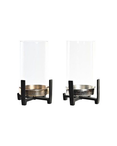 Portavelas DKD Home Decor 15 x 15 x 28 cm Champán Cristal Plateado Negro Aluminio (2 Unidades) (2 unidades)