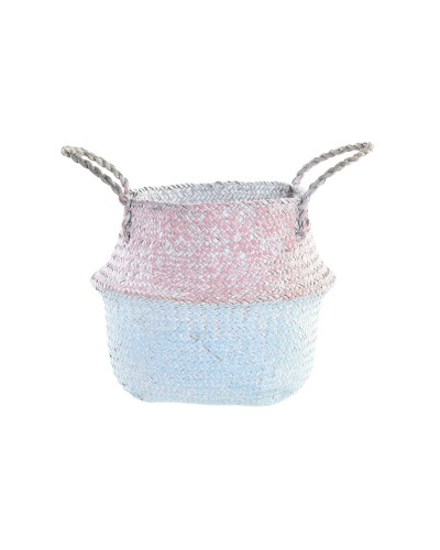 Cestino DKD Home Decor Rosa Blu cielo Bicolore Fibra naturale Mediterraneo 25 x 25 x 25 cm