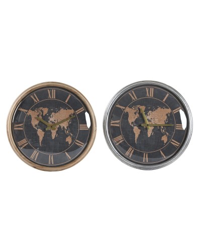 Orologio da Parete DKD Home Decor 46 x 6,5 x 46 cm Cristallo Argentato Nero Dorato Marrone Ferro Mappamondo (2 Unità)