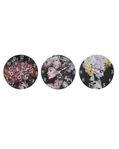 Reloj de Pared DKD Home Decor Negro Multicolor Flores Moderno Madera MDF (34 x 4 x 34 cm) (3 Unidades)