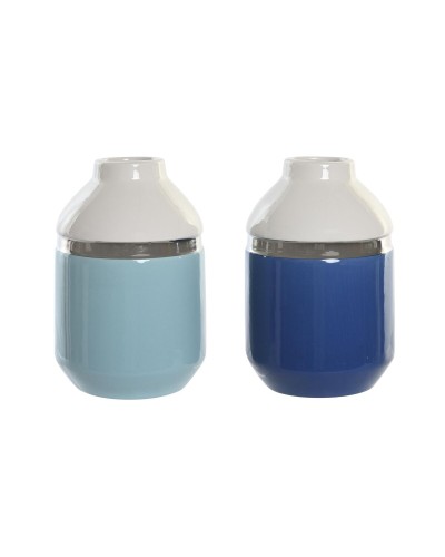 Jarrón DKD Home Decor 12 x 12 x 18,5 cm Plateado Blanco Azul cielo Azul marino Gres (2 Unidades)
