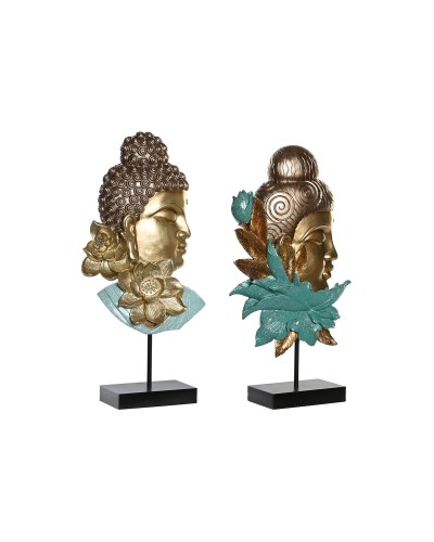 Figura Decorativa DKD Home Decor 22 x 8 x 42,5 cm Negro Dorado Buda Turquesa Oriental (2 Unidades)