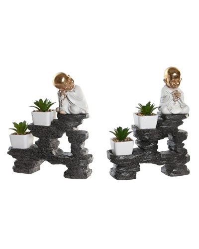 Figura Decorativa DKD Home Decor Negro Dorado Blanco Resina Monje Oriental (21 x 7,5 x 25 cm) (2 Unidades)