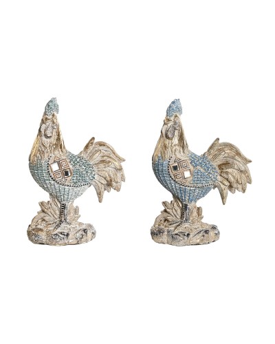 Statua Decorativa DKD Home Decor 14,3 x 7,5 x 20 cm Azzurro Turchese Gallo Decapaggio (2 Unità)