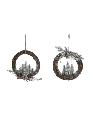 Corona de Navidad DKD Home Decor Natural Mimbre Piña Nevado 32 x 7 x 32 cm (2 Unidades)