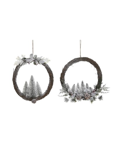 Kerstkroon DKD Home Decor Natuurlijk vlechtwerk ananas Besneeuwd 46 x 7 x 46 cm (2 Stuks)