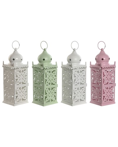 Farol Home ESPRIT Blanco Verde Rosa Hierro Oriental 10 x 10 x 30 cm (4 Unidades)
