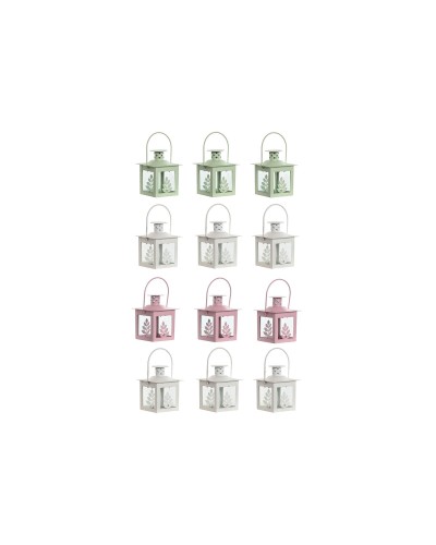 Lyktsats Home ESPRIT Vit Grön Rosa Glas Järn Shabby Chic 7 x 7 x 10 cm (3 Delar) (4 antal)