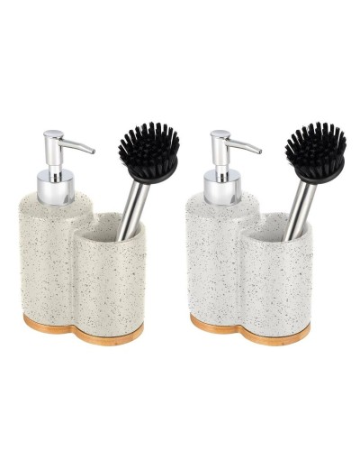 Jabonera Home ESPRIT Beige Gris Plateado Bambú Acero Inoxidable Dolomita 11,5 x 6,5 x 18,5 cm (2 Unidades)