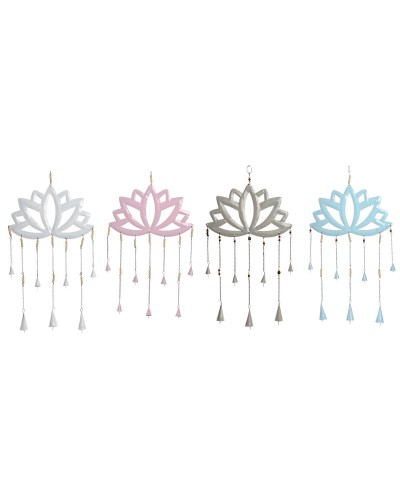 Decoración Colgante Home ESPRIT Azul Blanco Gris Rosa Hierro Oriental Flor de Loto (4 Unidades)