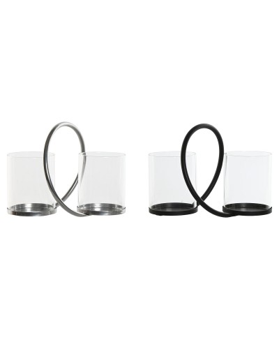 Bougeoir Home ESPRIT Noir Argenté Métal Verre 24 x 19 x 18 cm (2 Unités)