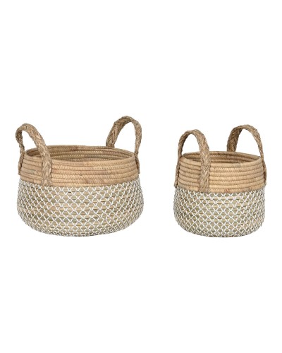 Set de basket Home ESPRIT Blanc Naturel Marron Clair PVC Herbier marin Joncs 35 x 35 x 30 cm 2 Pièces