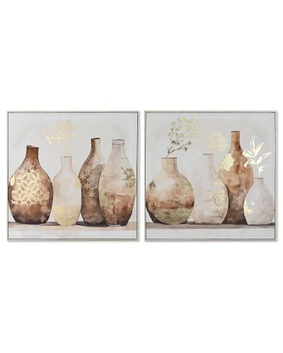Cadre Home ESPRIT Beige Doré polystyrène Toile Vase Scandinave 82,5 x 3,5 x 82,5 cm (2 Unités)