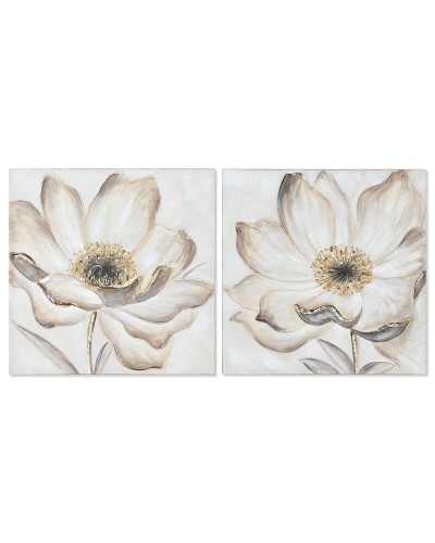 Maalaus Home ESPRIT Beige Kullattu Kangas Puu MDF Kukka Romanttinen 60 x 3 x 60 cm (2 osaa)