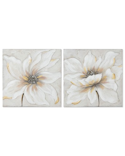 Quadro Home ESPRIT Bianco Beige Tela Legno MDF Fiore Romantico 50 x 2,5 x 50 cm (2 Unità)