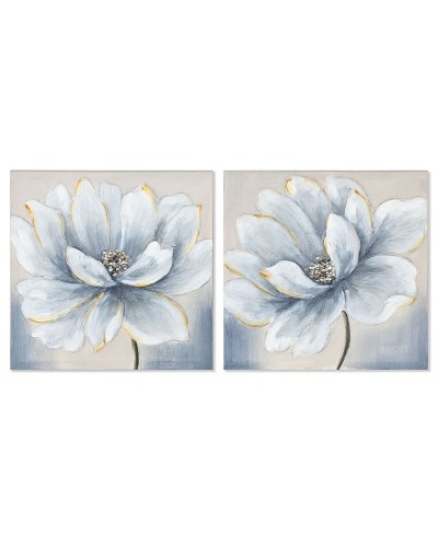 Cuadro Home ESPRIT Azul Blanco Lienzo Madera MDF Flor Tradicional 40 x 2,5 x 40 cm (2 Unidades)