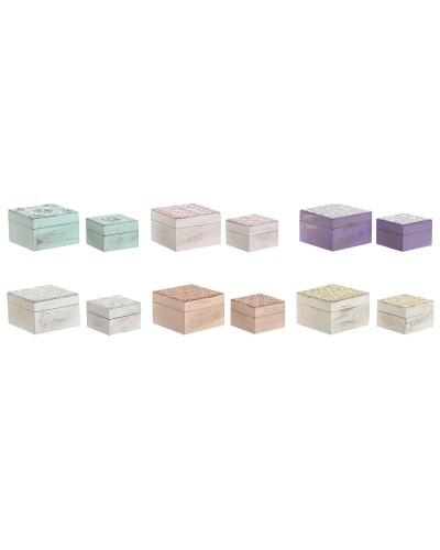 Doos-Juwelenkistje Home ESPRIT Multicolour Roze Lila Mangohout 10 X 10 X 6,6 cm (2 Onderdelen) (6 Stuks)