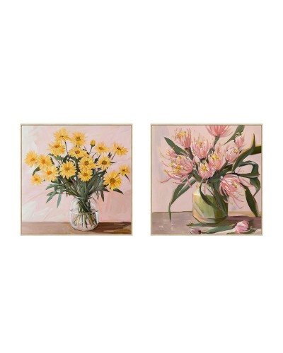 Cuadro Home ESPRIT Amarillo Verde Rosa Shabby Chic Florero 83 x 4,5 x 83 cm (2 Unidades)