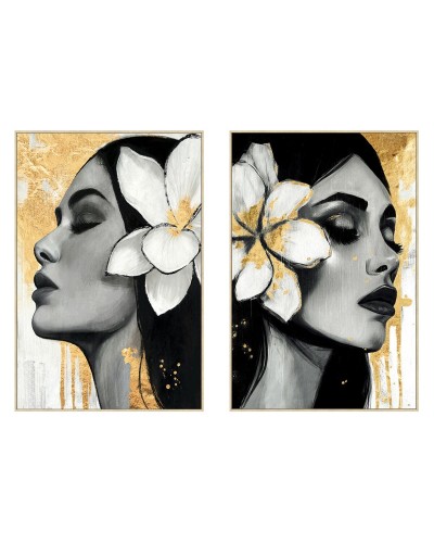 Schilderij Home ESPRIT Wit Zwart Grijs Gouden Vrouw (2 Stuks)