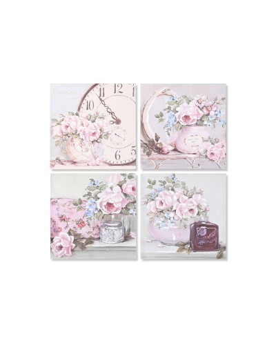 Schilderij Home ESPRIT Groen Roze Rozen Romantiek 60 x 3 x 60 cm (4 Stuks)