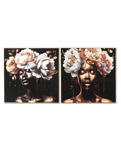 Quadro Home ESPRIT Bianco Nero Dorato Fiori 80 x 3,5 x 80 cm (2 Unità)