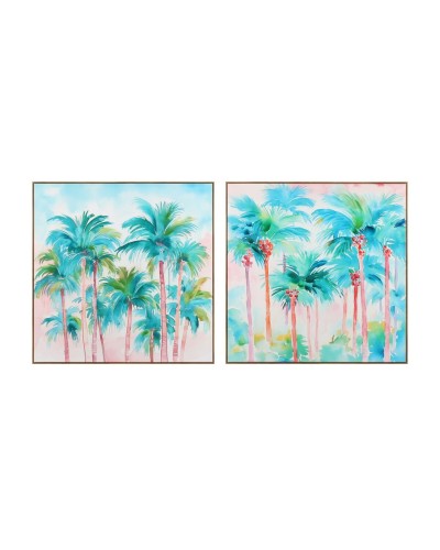 Painting Home ESPRIT Blue Red Green Sky blue Palms Tropical 80 x 3,5 x 80 cm (2 Units)