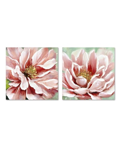 Schilderij Home ESPRIT Groen Roze Bloem Traditioneel 80 x 3 x 80 cm (2 Stuks)