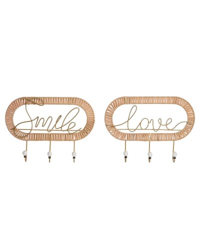 Wall mounted coat hanger Home ESPRIT Kullattu Luonnollinen Metalli Rottinki 40 x 6,4 x 28,6 cm (2 osaa)