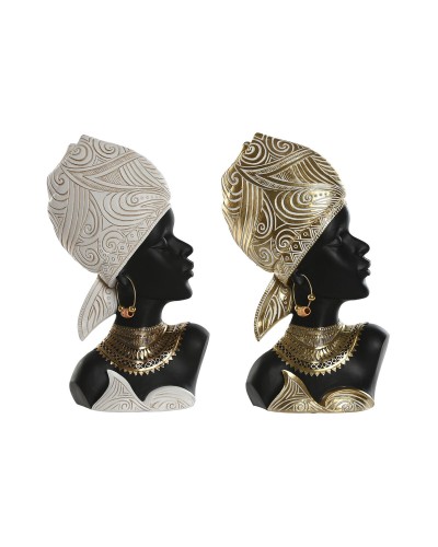 Figura Decorativa Home ESPRIT Blanco Negro Dorado Africana 22 x 11 x 37 cm (2 Unidades)