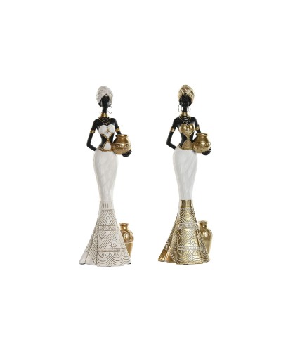 Figura Decorativa Home ESPRIT Blanco Negro Dorado Africana 9,5 x 7,5 x 31 cm (2 Unidades)