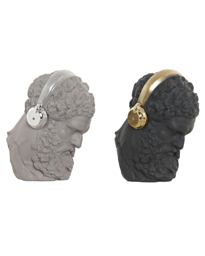 Figura Decorativa Home ESPRIT Negro Gris Dorado Plateado Auriculares 14 x 10 x 17 cm (2 Unidades)