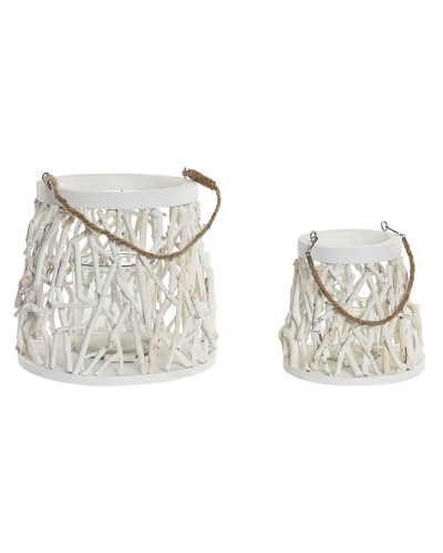 Bougeoir Home ESPRIT Blanc Bois Verre 35 x 35 x 32 cm (2 Unités)