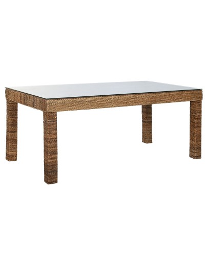 Table de Salle à Manger Home ESPRIT Naturel Verre trempé Fibre bois de teck 180 x 90 x 77 cm