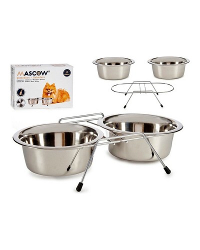 Pet feeding dish Double 16,3 x 8 x 34,5 cm Silver Stainless steel 800 ml (2 x 800 ml)