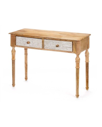 Mango Wood Entryway in White Brown with 2 Drawers and Stripes - 98 x 77 x 42 cm
