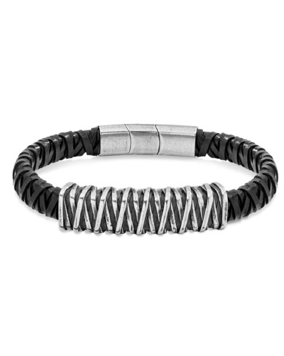 Police Men's Bracelet Black Braided Leather - Length 19cm - Modern Design
