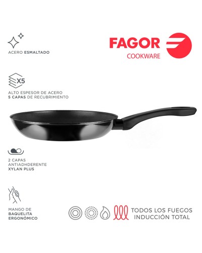 Sartén FAGOR Indutherm Negra Esmaltada, Diámetro 26 cm, Acero.
