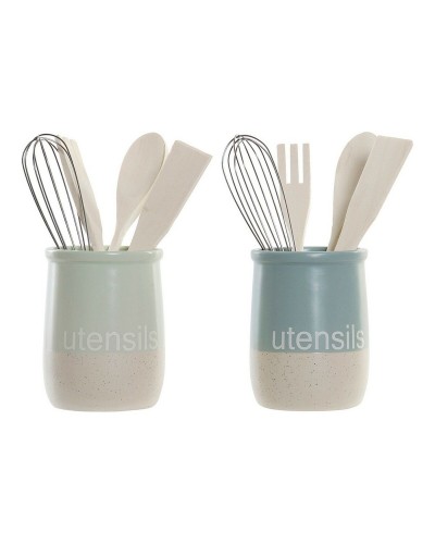 Pot voor Keukengerei DKD Home Decor Rubberwood Keramiek 10 x 10 x 14 cm (2 Stuks)