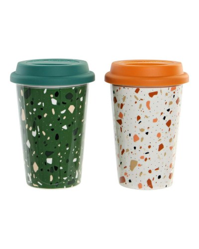Tazza Mug DKD Home Decor Terrazo Porcellana Beige Verde Silicone 4 Unità (400 ml) (10 x 10 x 14 cm)