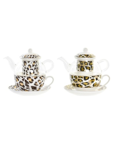 Teiera DKD Home Decor Leopardo Cristallo Porcellana Marrone Trasparente Bianco (2 Unità)