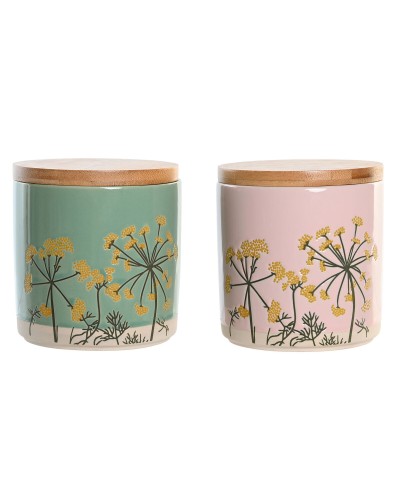 Boîte DKD Home Decor 11,5 x 11,5 x 12 cm Floral Rose Vert Bambou Grès Shabby Chic (2 Unités)