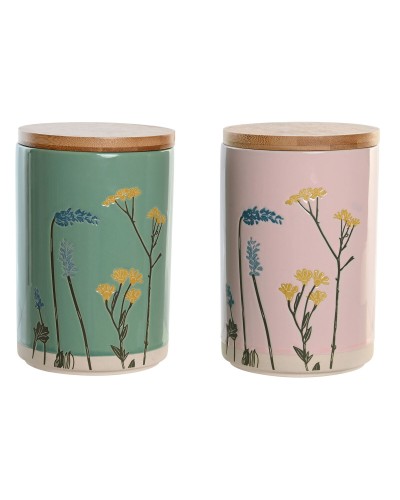 Tin DKD Home Decor 11,5 x 11,5 x 17,5 cm Floral Pink Green Bamboo Stoneware Shabby Chic (2 Units)