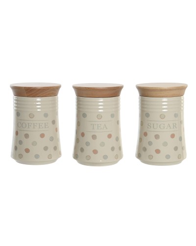 Tin DKD Home Decor Beige Bamboo Stoneware Polka dots 10 x 10 x 16 cm (3 Units)