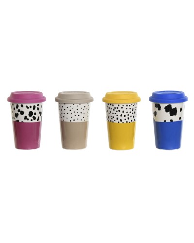 Tazza con Coperchio DKD Home Decor Multicolore animali Città 400 ml (4 Unità)